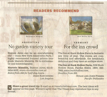 Los Angeles Times article recommending Marcelo Mansilla as a knowledgeable and enthusiastic private tour guide in Buenos Aires.